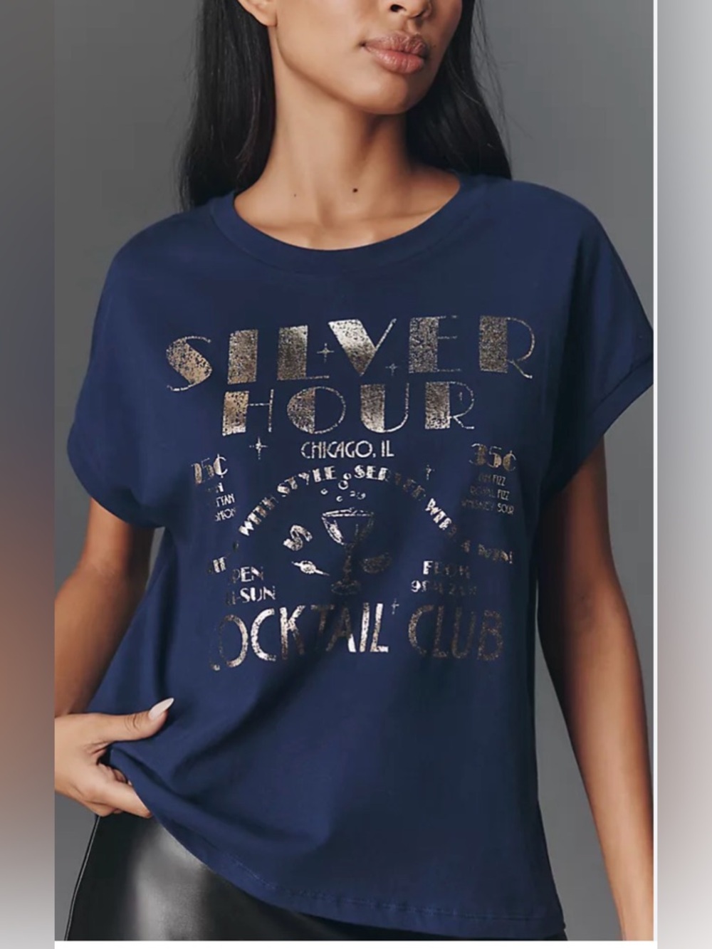 •ANTHROPOLOGIE•NWT NAVY BLUE “SILVER HOUR COCKTAIL CLUB” GRAPHIC TEE SIZE MEDIUM - Picture 3 of 9